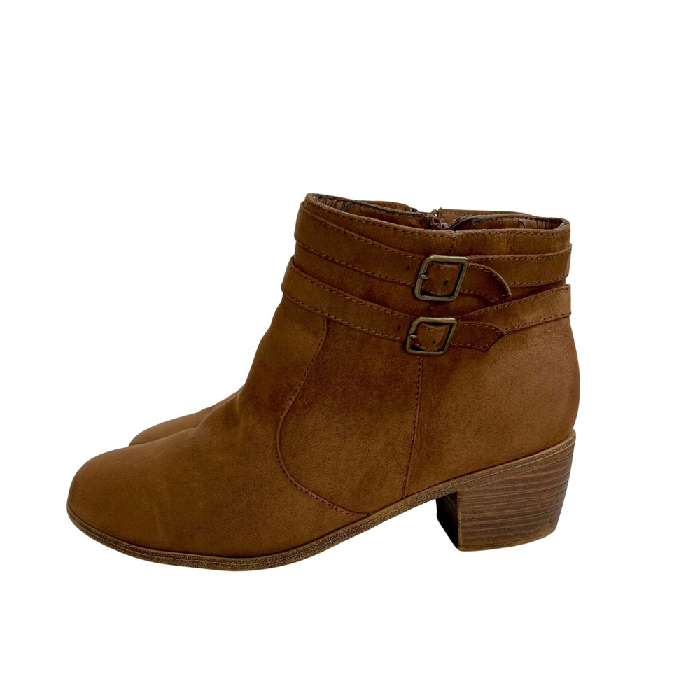 American Eagle Outfitters Cognac Brown Faux Suede Ankle Boots Buckle Detail 10